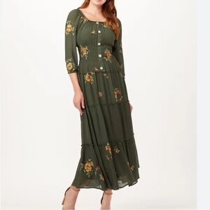 fig And Flower Women’s Embroidered Olive Floral Maxi Dress Size XL